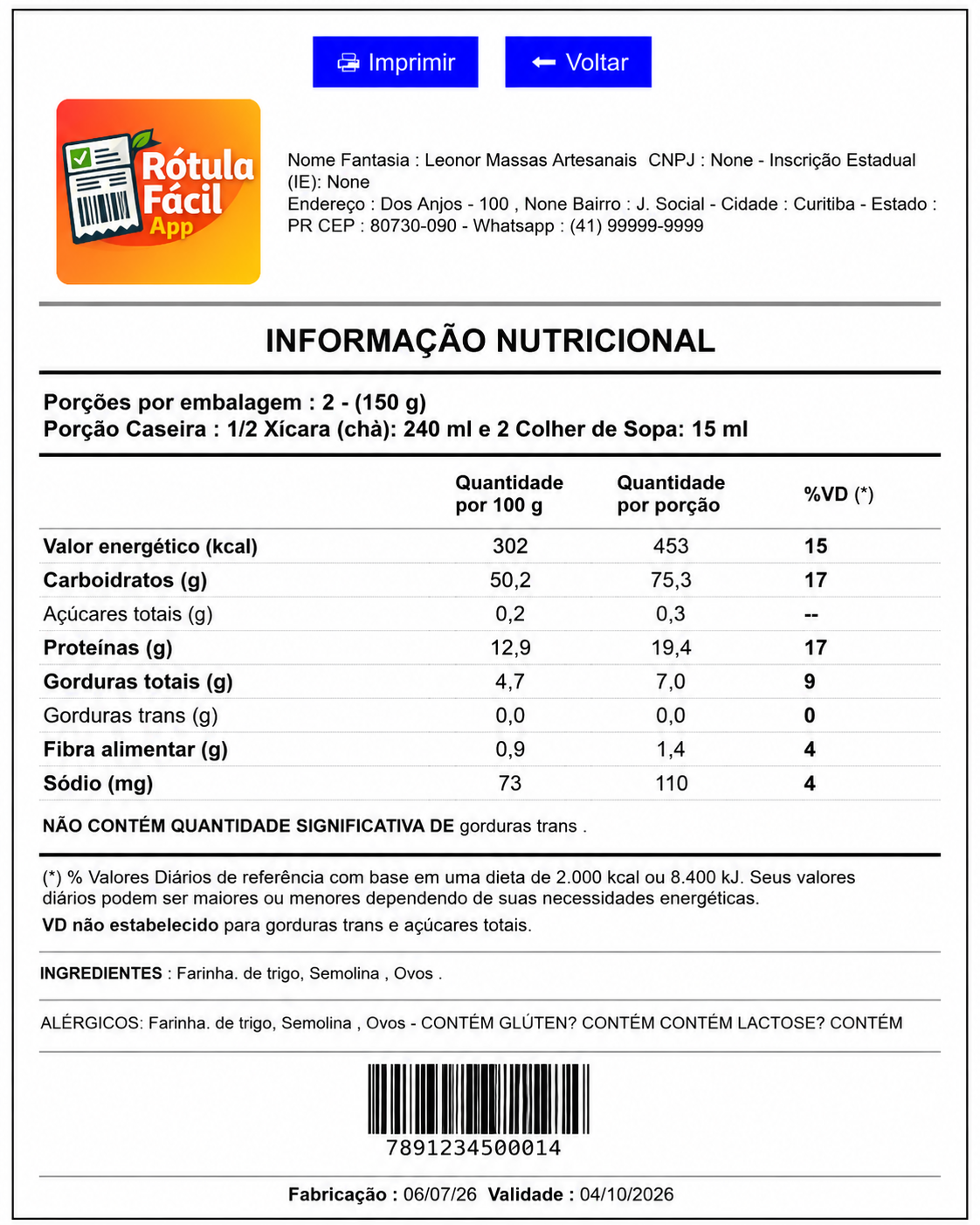 Tabela Nutricional ANVISA